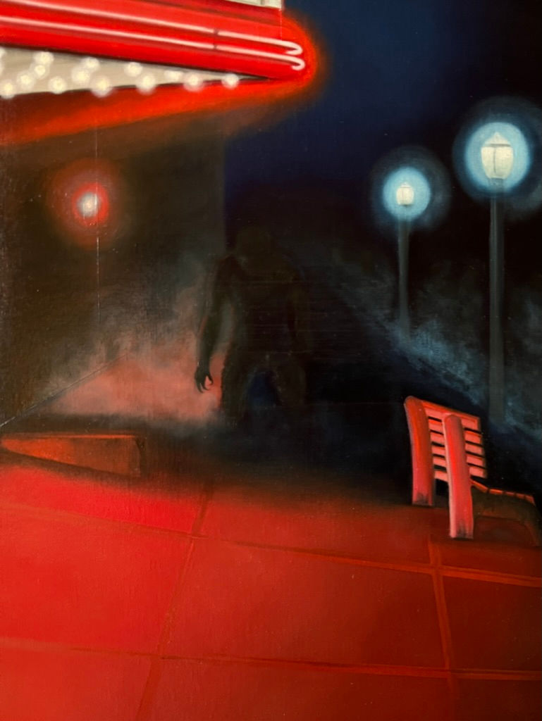 Thumbnail: Don't Run Oil Painting features the red glow of a movie theater by Luke Smith