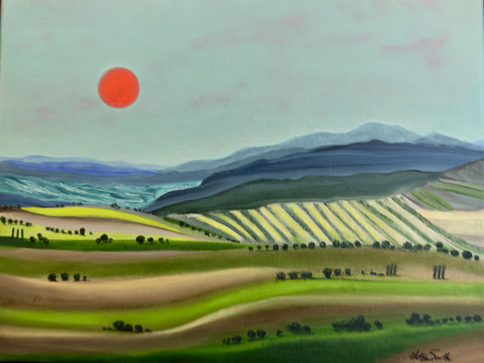 Thumbnail: An oil painting of a glowing red sun over the rolling hills of Tuscany, Italy.