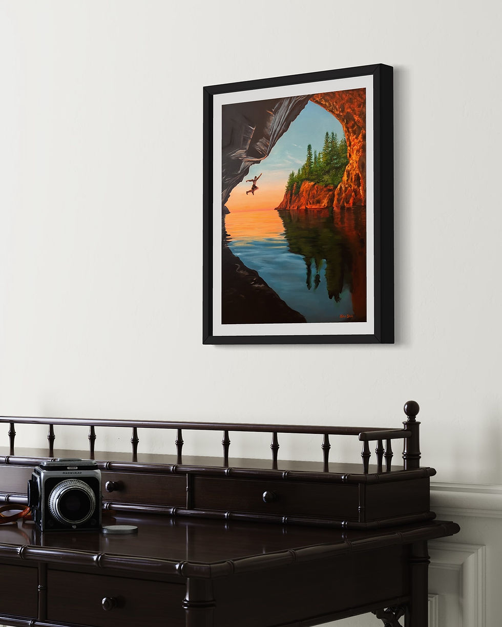 Thumbnail: Oil painting of a man jumping into a lake in front of a cove.