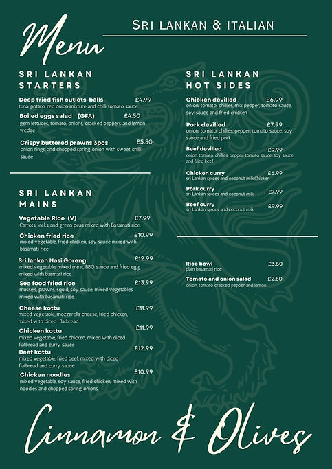 Sri Lankan and Italian Menu, with starters, mains, sides. MENU Cinnamon And Olives