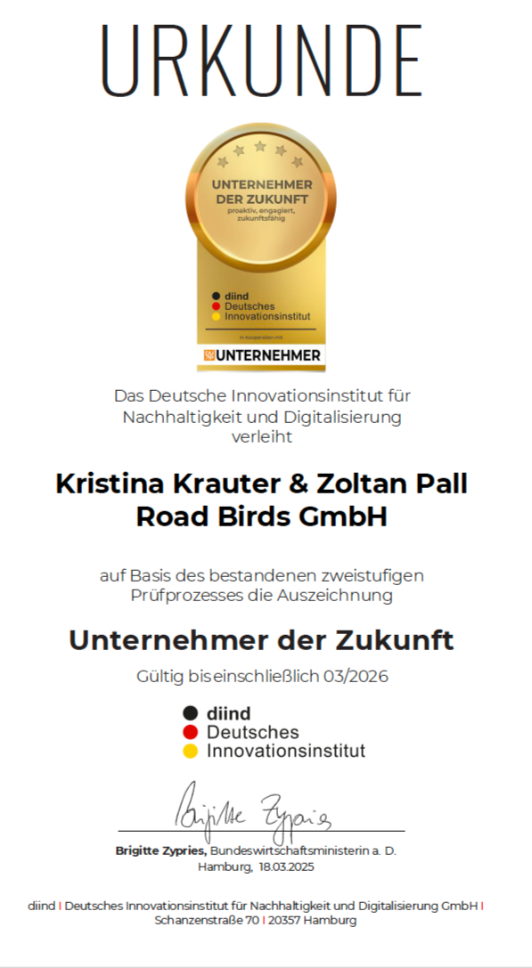 Road Bird erhält die Auszeichnung Unternehmer der Zukunft
