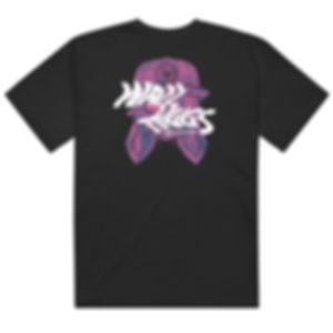 Back of black t-shirt with graphic of mascot Hugs and the words Wall Hugs in a wavy style
