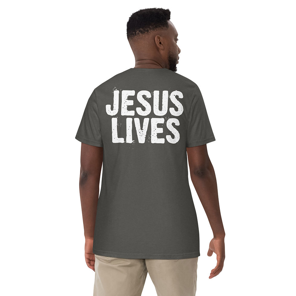 Thumbnail: Person wearing Jesus lives grey t-shirt showing off back of design