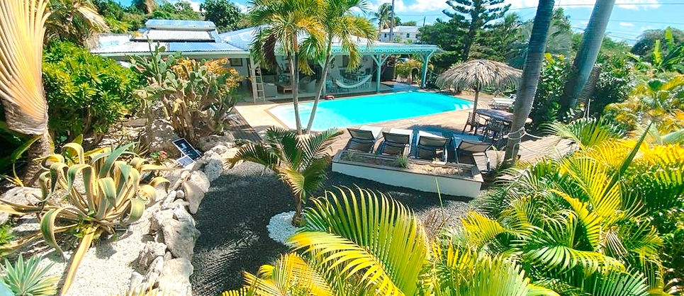 jardin tropical piscine d’une villa de vacances avec piscine privée à Saint-François, Guadeloupe
