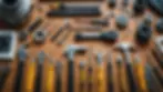 Close-up view of tools organized on a workspace