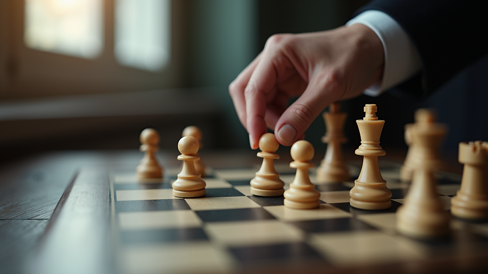 Close-up view of a chessboard with a hand moving a piece, symbolizing strategic thinking