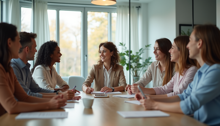 Eye-level view of a team gathered around a table discussing ideas with visible enthusiasm