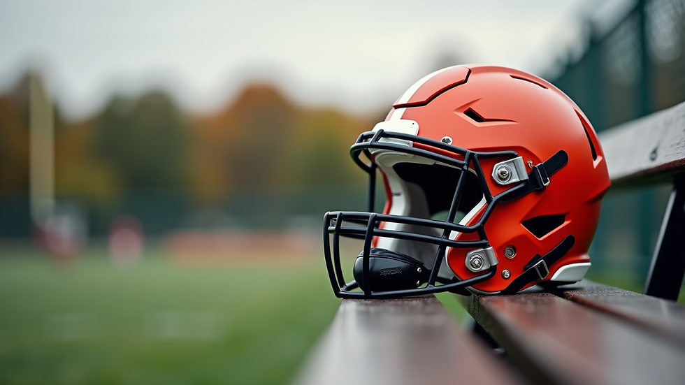 Close-up view of a youth football helmet on a bench