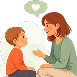Illustration d’un parent parlant calmement avec un enfant pour l’aider à exprimer ses émotions