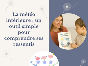 Visuel de blog illustrant une maman et son enfant avec une roue des émotions. Titre : “La météo intérieure : un outil simple pour comprendre ses ressentis”. Une création de Grandir en Pleine Conscience.