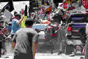 James Fields Jr drives his car through protestors after the "Unite the Right" rally in Charlottesville, injuring at least 19 and killing Heather Heyes.