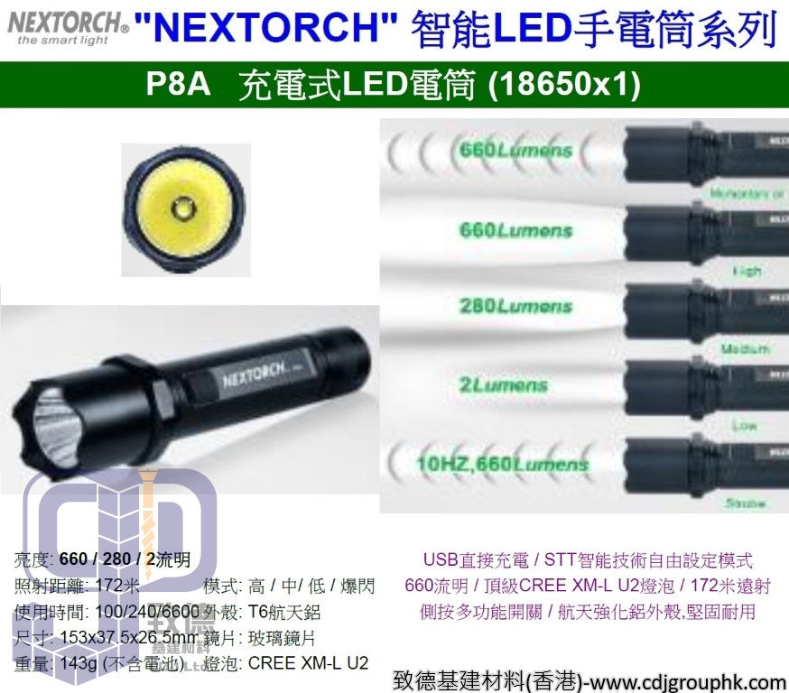 中國"NEXTORCH"-智能LED手電筒系列-P8A充電式LED電筒(18650X1)-P8A