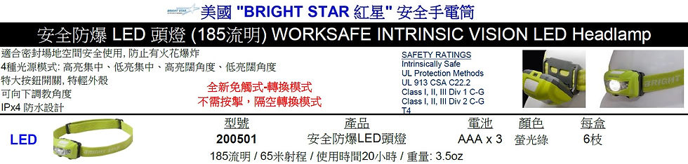 美國"BRIGHT STAR"紅星-WORKSAFE INTRINSIC VISION LED Headlamp安全防爆LED 頭燈(185流明)-200501