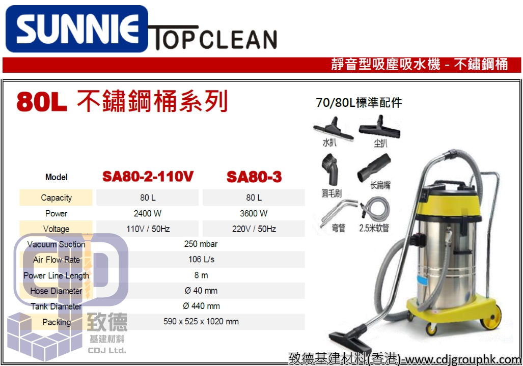 中國"SUNNIE"TOP CLEAN新田-靜音型吸塵吸水機80L(不鏽鋼桶)-SA80(STMW)