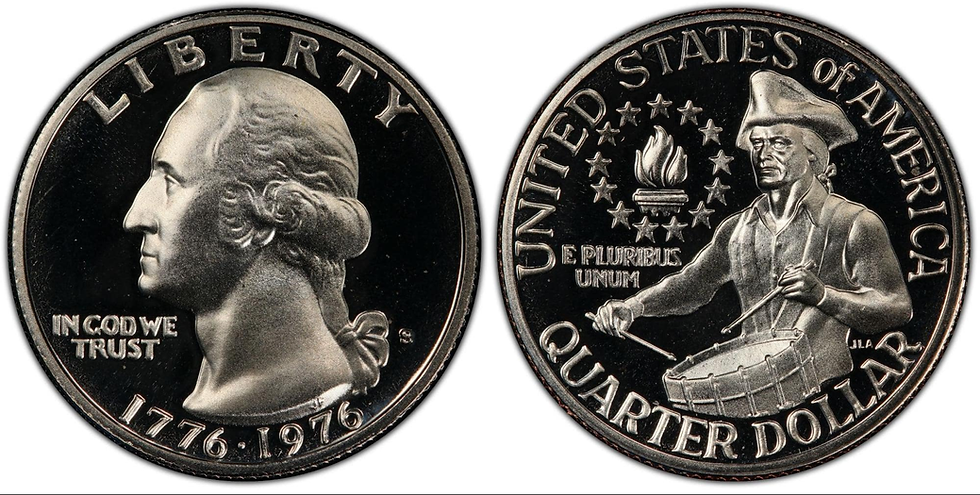 Bicentennial quarter with George Washington's profile on one side and a Revolutionary War drummer on the other. Text: "LIBERTY," "1776-1976."