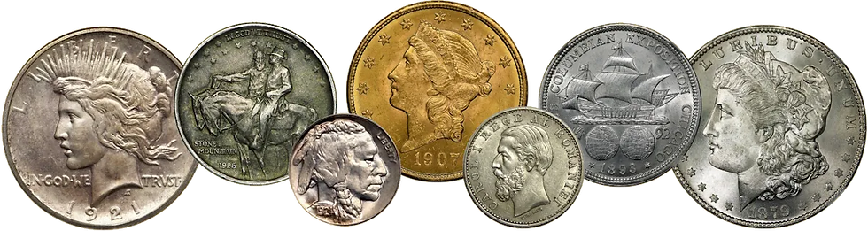 Various vintage coins, including gold and silver, display engraved portraits, ships, and horseback figures, showcasing diverse designs.