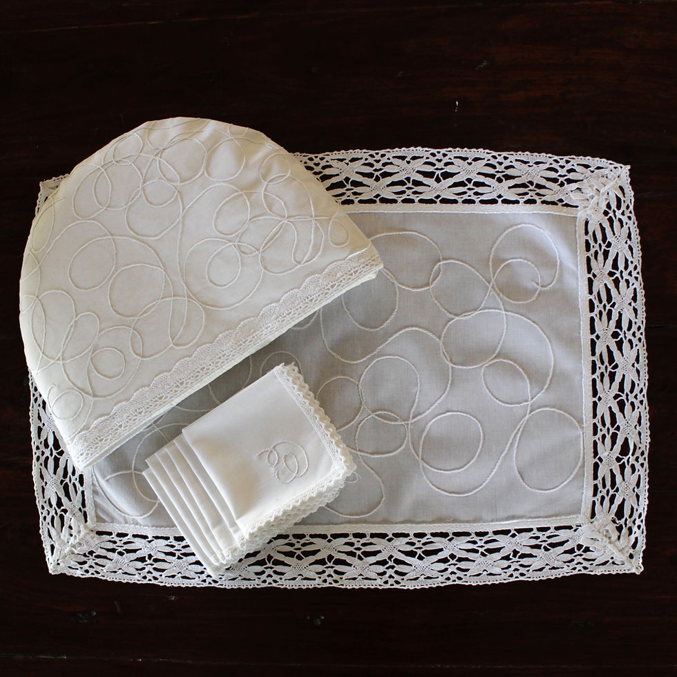 Thumbnail: Abstract Stem Stitch Embroidered Tea Linen (in white linen)
