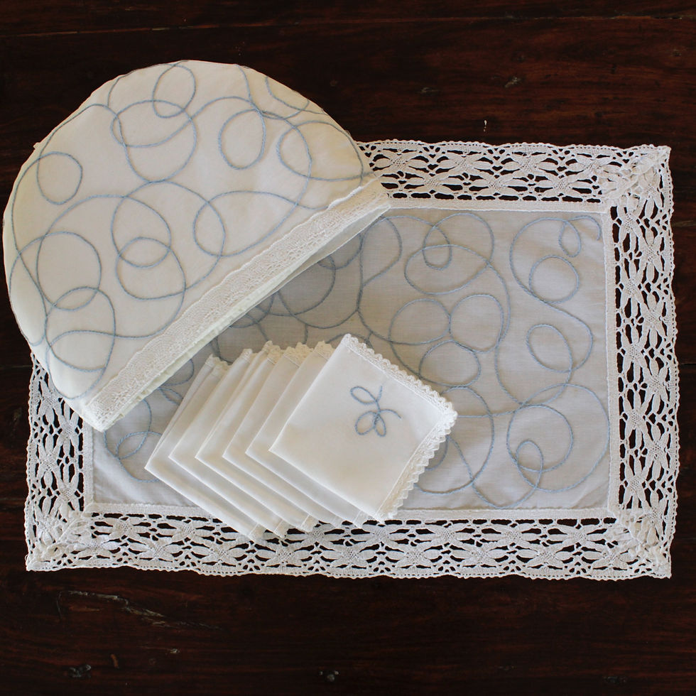 Thumbnail: Abstract Stem Stitch Embroidered Tea Linen (in white linen)