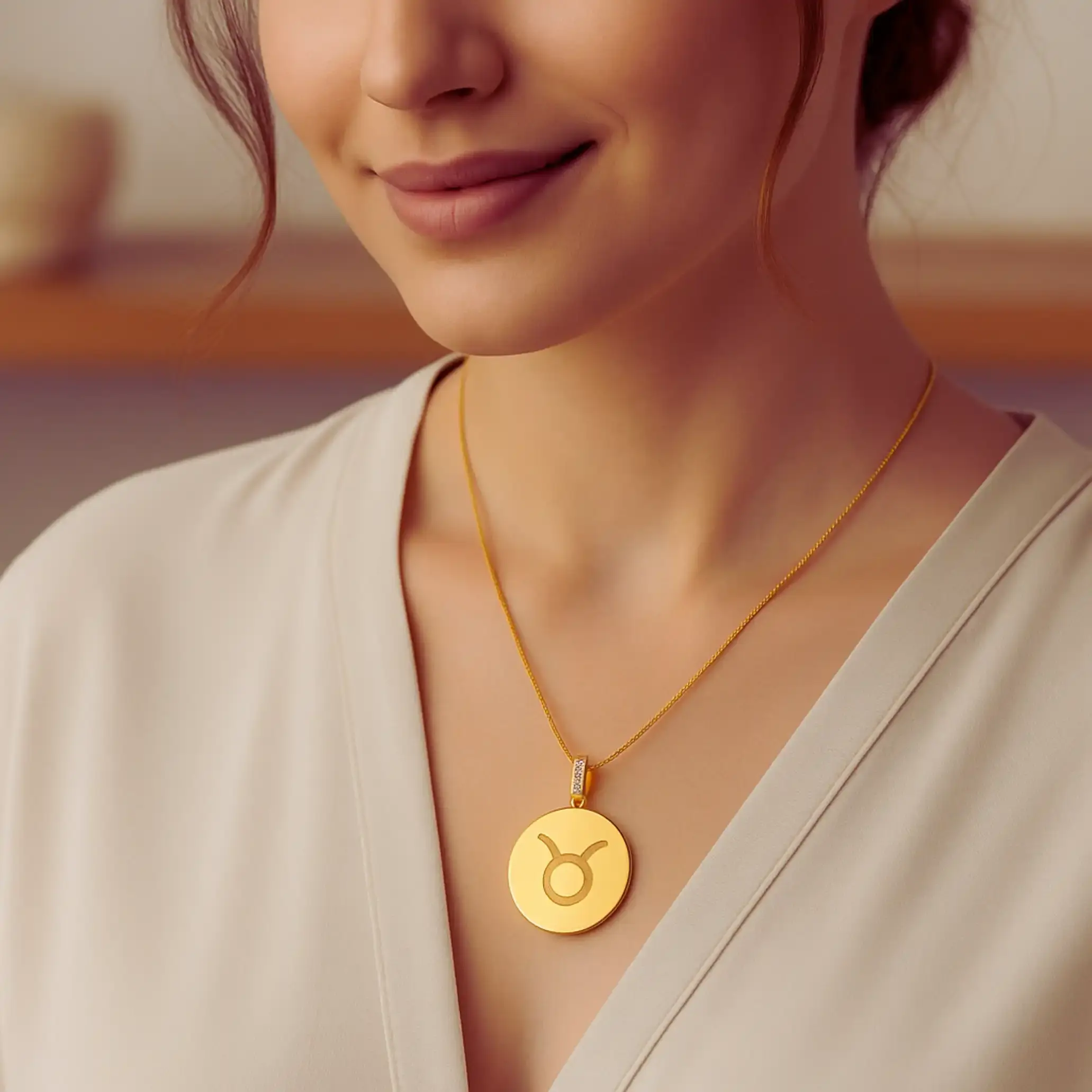 Altın kaplama Boğa burcu kolyesi takan kadın model – zarif ve modern görünüm