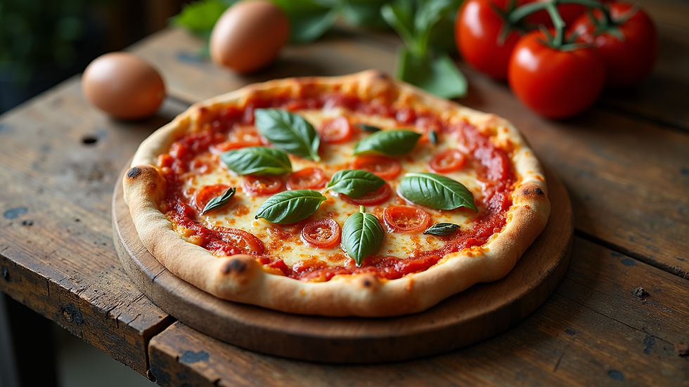 High angle view of a freshly made pizza on a rustic wooden table