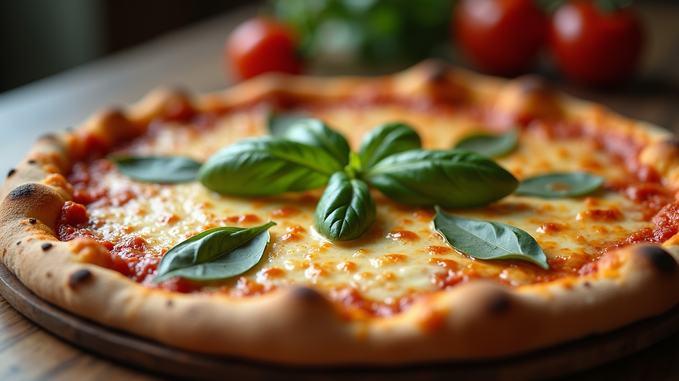 Close-up view of a freshly baked pizza with melted cheese and basil leaves