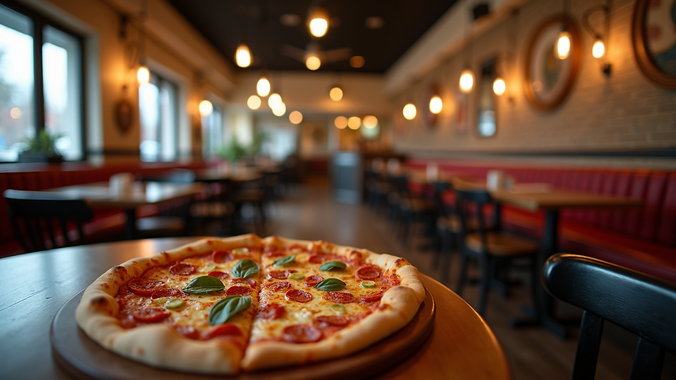 High angle view of a pizza restaurant interior with cozy seating