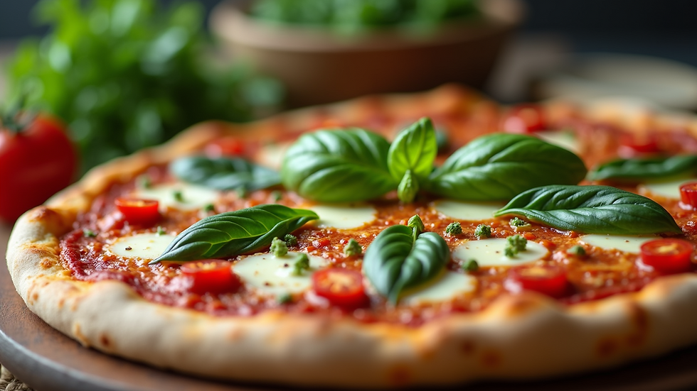 Eye-level view of fresh vegetables and herbs for pizza toppings