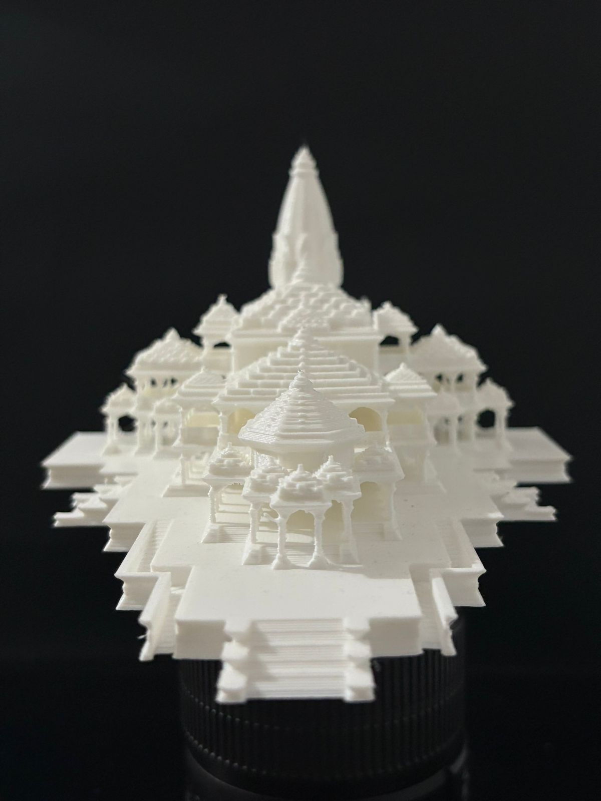 A 3D-printed replica of the Ram Mandir, featuring detailed architecture, domes, and pillars, printed in high-resolution FDM