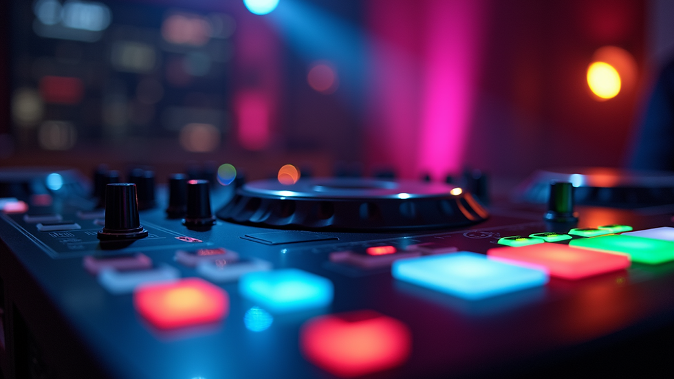 Close-up view of DJ mixing console with colorful lights