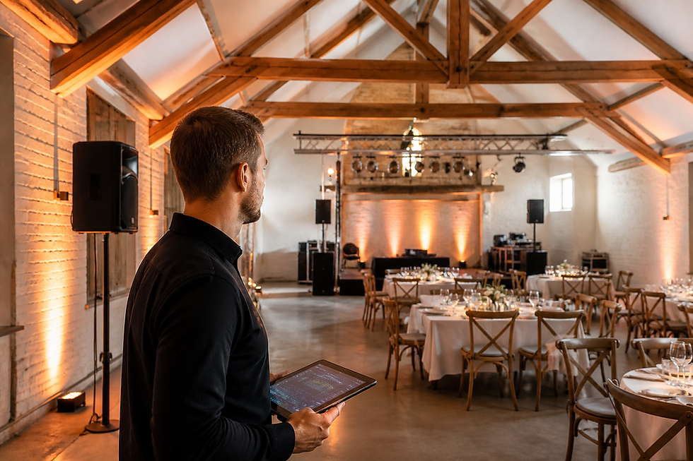 Fotorealistische Veranstaltungsszene zum Thema „Hochzeit in Scheune oder Industriehalle: Akustik, Licht und Logistik richtig planen“