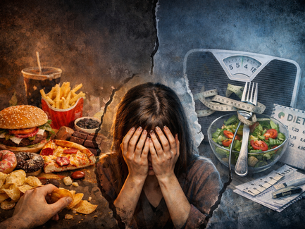 Eine Frau sitzt im Zentrum des Bildes und verdeckt ihr Gesicht mit den Händen. Links sind Fastfood und Süssigkeiten in dunklen, warmen Farben zu sehen, rechts eine Waage, Salat und ein Massband in kühlen Farben. Ein rissartiger Bruch teilt das Bild und symbolisiert den inneren Konflikt zwischen Kontrollverlust und Zwang.