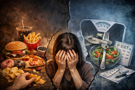 Eine Frau sitzt im Zentrum des Bildes und verdeckt ihr Gesicht mit den Händen. Links sind Fastfood und Süssigkeiten in dunklen, warmen Farben zu sehen, rechts eine Waage, Salat und ein Massband in kühlen Farben. Ein rissartiger Bruch teilt das Bild und symbolisiert den inneren Konflikt zwischen Kontrollverlust und Zwang.