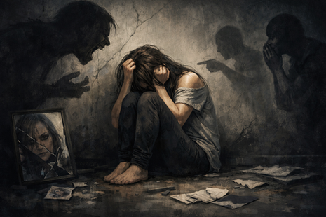 Eine Frau sitzt zusammengekauert auf dem Boden eines dunklen Raumes, den Kopf in den Händen. Um sie herum ragen bedrohliche Schatten, die auf sie zeigen und schreien, während neben ihr ein zerbrochener Spiegel ihr verzerrtes Spiegelbild zeigt.