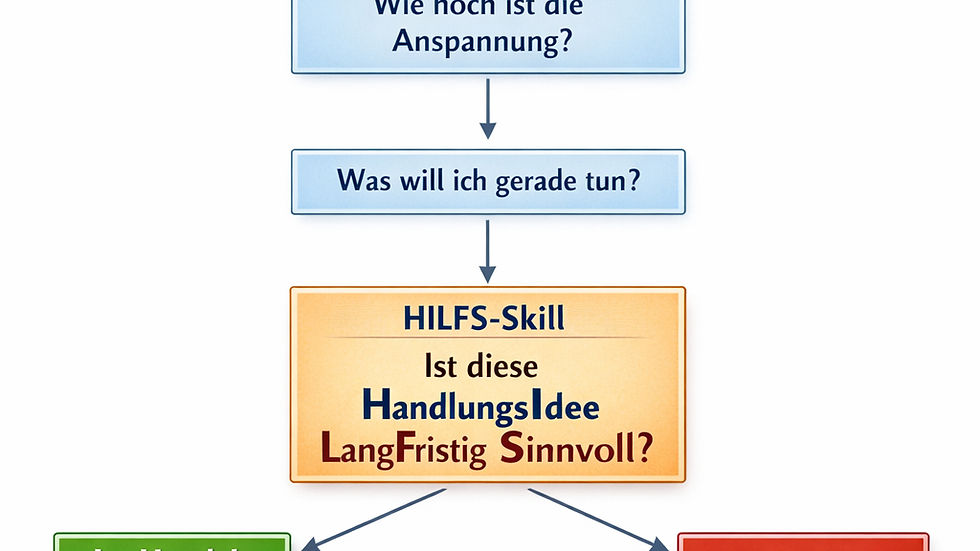 Ein Entscheidungsbaum zur Emotionsregulation: Zuerst wird die Anspannung eingeschätzt, dann die aktuelle Handlungsabsicht geprüft. Mithilfe des HILFS-Skills wird entschieden, ob die Handlung langfristig sinnvoll ist, mit den Optionen handeln oder abschwächen.