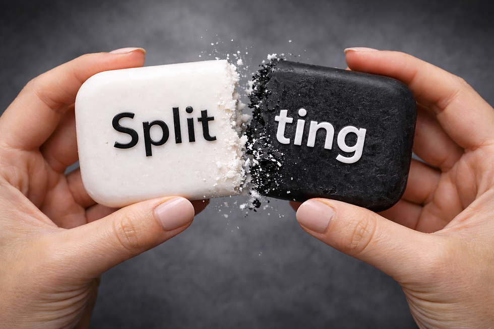 Zwei Hände halten ein weisses und ein schwarzes Objekt, die in der Mitte auseinanderbrechen, mit dem Wort „Splitting“ in hell und dunkel geteilt.