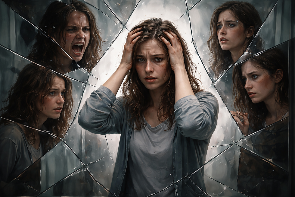 Eine Frau steht vor einem zerbrochenen Spiegel, in dessen Splittern unterschiedliche Versionen von ihr mit verschiedenen Gefühlsausdrücken erscheinen, während sie sich verzweifelt den Kopf hält.