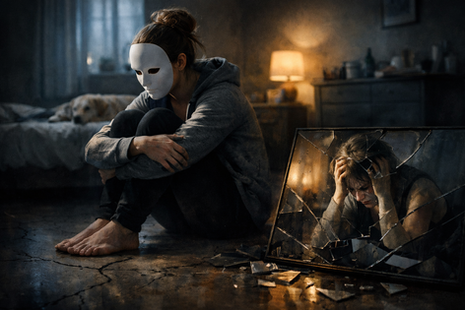Eine Frau sitzt nachts mit einer weissen Maske auf dem Boden eines dunklen Zimmers, während ihr Spiegelbild in einem zerbrochenen Spiegel sie weinend und verzweifelt zeigt, im Hintergrund liegt ein Hund auf dem Bett.