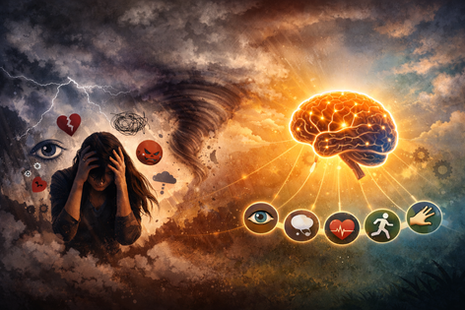 Eine Frau hält verzweifelt ihren Kopf, umgeben von chaotischen Symbolen wie Blitzen, einem gebrochenen Herz und verwirrten Gedanken, während daneben ein leuchtendes Gehirn dargestellt ist, das verschiedene emotionale und körperliche Reaktionen miteinander verbindet.