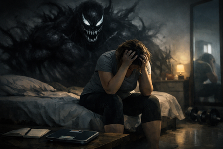 Eine junge Frau sitzt erschöpft auf einem Bett, den Kopf in den Händen vergraben. Hinter ihr erhebt sich ein dunkler, bedrohlicher Schatten mit leuchtenden Augen, der die innere Selbstkritik symbolisiert.