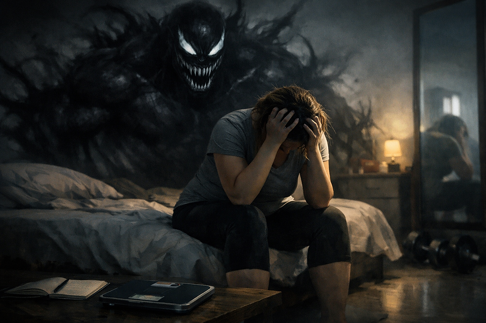 Eine junge Frau sitzt erschöpft auf einem Bett, den Kopf in den Händen vergraben. Hinter ihr erhebt sich ein dunkler, bedrohlicher Schatten mit leuchtenden Augen, der die innere Selbstkritik symbolisiert.