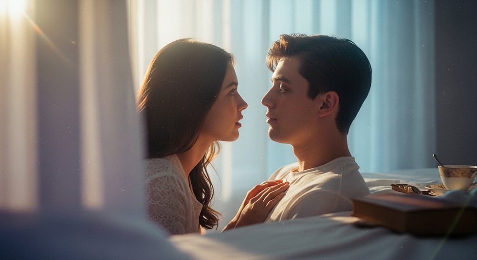 Eine Frau sitzt sehr nah vor einem Mann und schaut ihn mit starker Hingabe an, als wäre er ihr einziger Bezugspunkt.