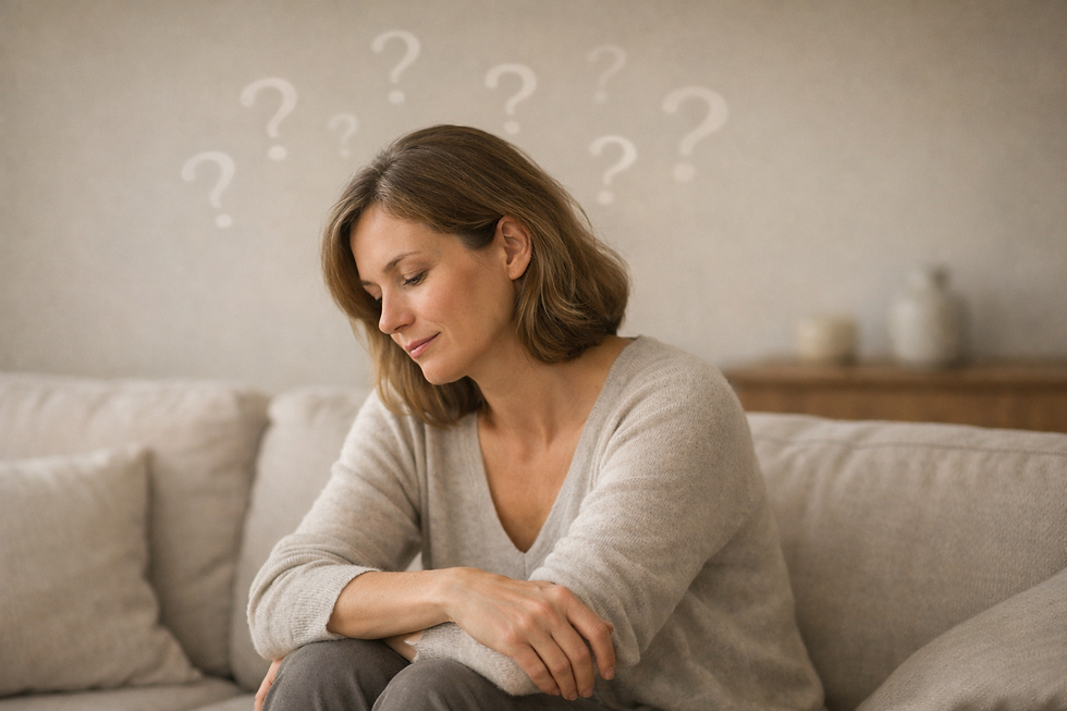 Eine Person sitzt ruhig auf einem Sofa, der Blick nach innen gerichtet. Dezente, halbtransparente Fragezeichen über dem Kopf symbolisieren nachdenkliches Innehalten in einer stillen, neutralen Umgebung.