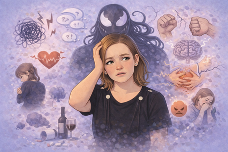 Illustration einer Frau mit sichtbarer innerer Anspannung, umgeben von Symbolen für emotionale Überforderung wie Gedankenchaos, Angst, Wut, Traurigkeit, innere Leere und destruktive Bewältigungsstrategien.