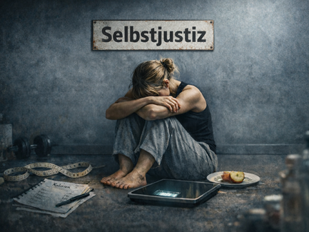 Eine junge Frau sitzt zusammengesunken vor einer digitalen Waage, umgeben von Kaloriennotizen, Maßband und einem Teller mit Apfelstücken. Über ihr hängt ein Schild mit „Selbstjustiz“, die Wand ist voller Zettel mit Zahlen und strengen Botschaften, die die zwanghafte Kontrolle und den inneren Druck sichtbar machen.