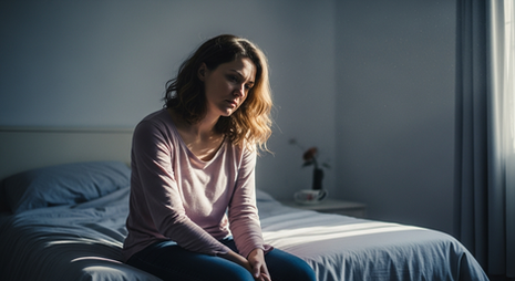 Eine Frau sitzt nachdenklich auf der Bettkante in einem ruhigen Schlafzimmer, weiches Tageslicht fällt ins Zimmer, ihre Körperhaltung wirkt müde und erschöpft.