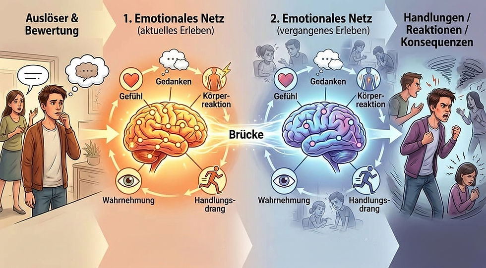 Illustration eines emotionalen Modells von links nach rechts, mit Auslöser und Bewertung, einem aktuellen emotionalen Netzwerk, einer Verbindung zur Vergangenheit und daraus entstehenden Reaktionen.