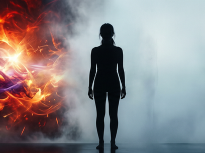 Abstrakte Darstellung einer schwarzen menschlichen Silhouette, die von rot-orangen und violetten Flammen-, Rauch- und Energieformen umgeben ist. Die Szene wirkt intensiv, bedrohlich und emotional aufgeladen.