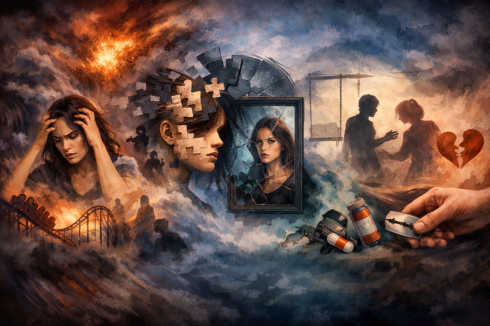 Surreales Landschaftsbild mit einer Frau im emotionalen Sturm, fragmentiertem Selbstbild, konflikthaften Beziehungen und selbstschädigendem Verhalten, das die inneren Spannungen bei Borderline symbolisiert.