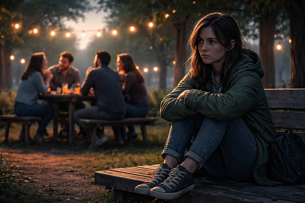 Eine junge Frau sitzt abseits auf einer Bank im Park, während im Hintergrund eine Gruppe lachend zusammensitzt, sie wirkt still, ausgeschlossen und in Gedanken versunken.
