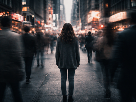 Eine Frau steht allein in einer belebten Grossstadtstrasse, waehrend die Menschen um sie herum verschwommen vorbeiziehen, sie wirkt still und isoliert mitten im Trubel der Stadt.